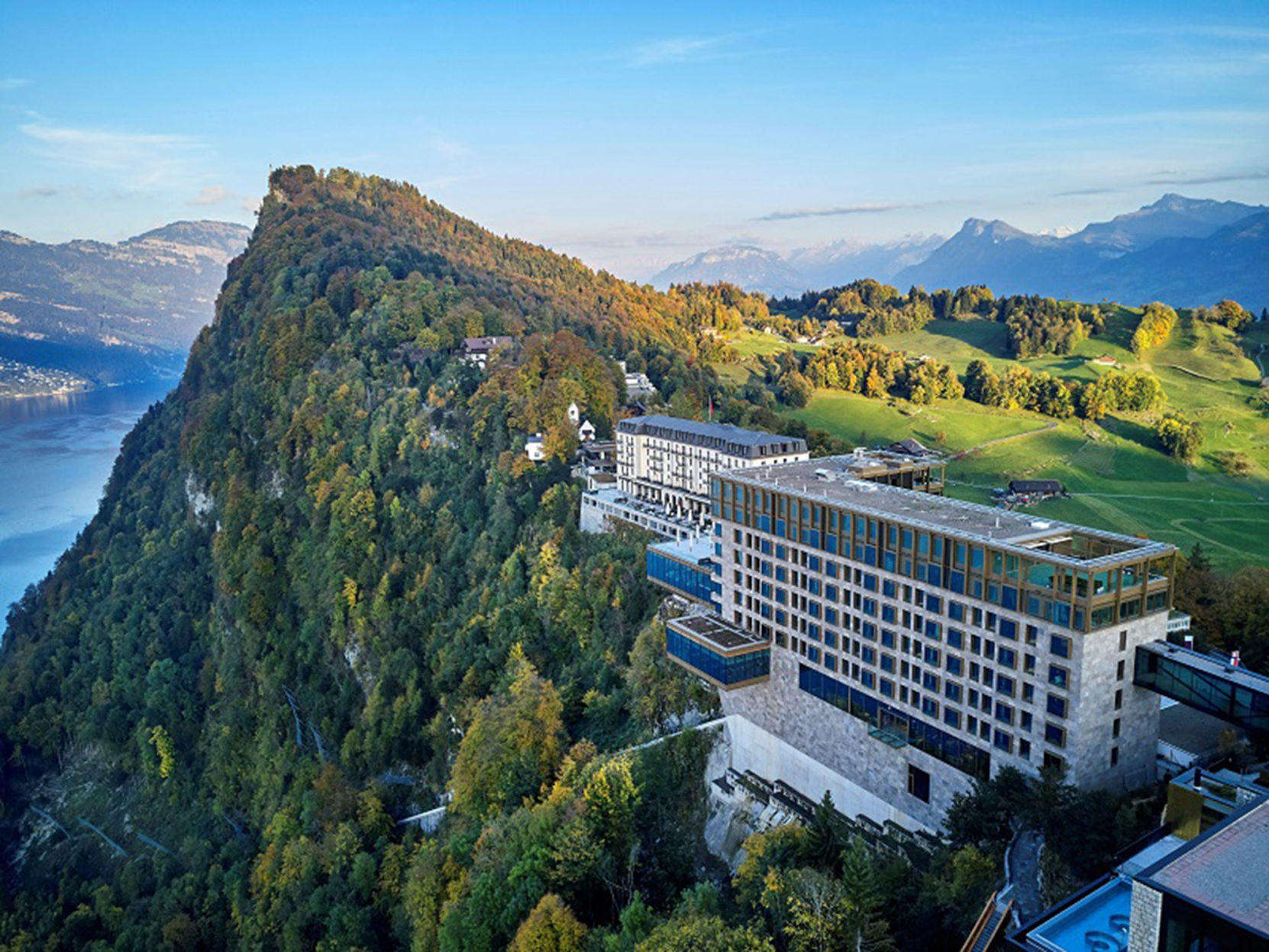 The Buergenstock Resort, high above Lake Lucerne in Switzerland, took nine years to build.